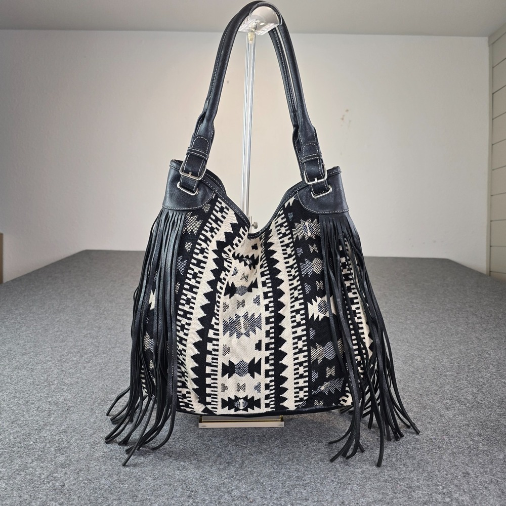 Women's Handbag Black Aztec Fringe Western Boho Tribal Single Strap Shoulder Bag
